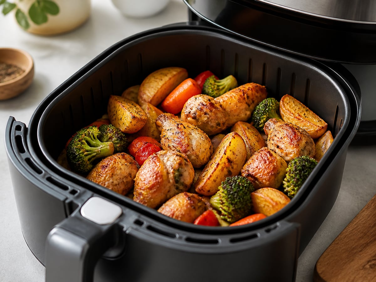 Air fryer basket with crisp cooked food