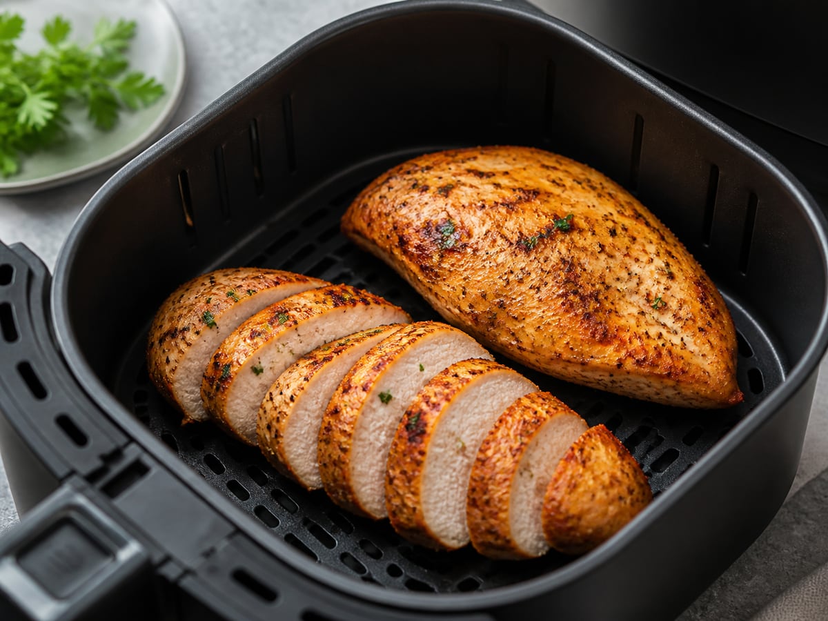 Air fryer basket with cooked chicken breast