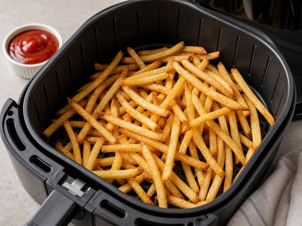 Air fryer basket with cooked french fries